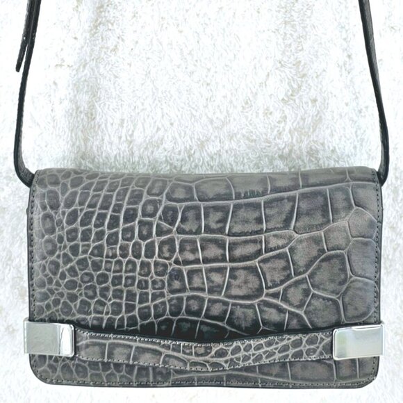 IVANKA TRUMP Gray Faux Croco Embossed Leather Small Crossbody Shoulder Bag Purse - Picture 1 of 16